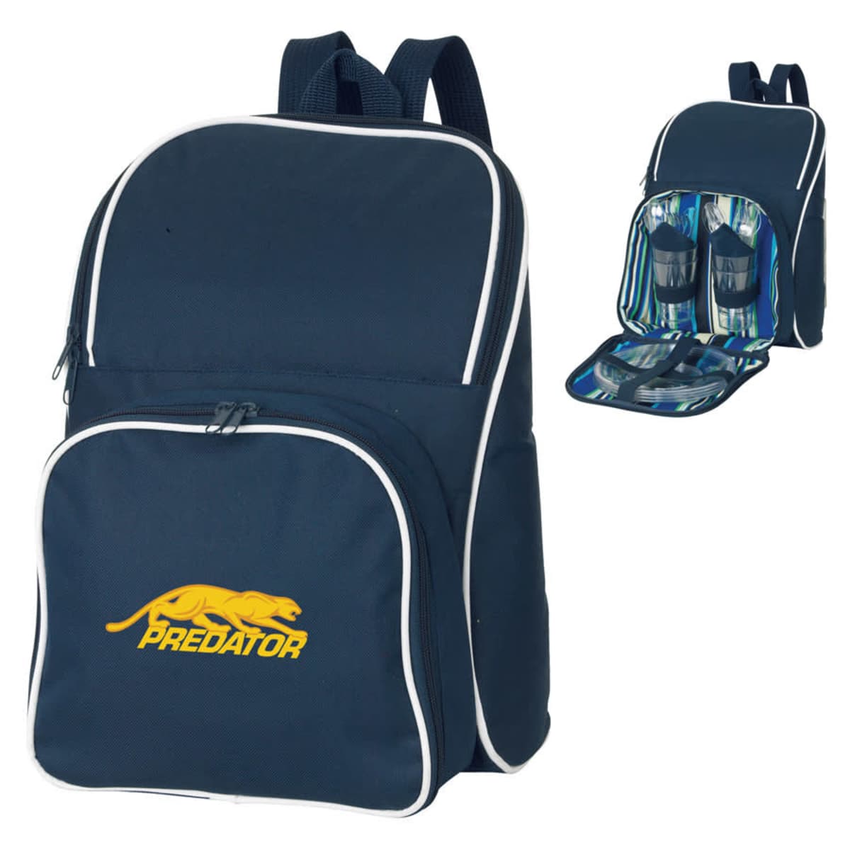 A navy blue backpack with white piping features a yellow image of a running predator and the word PREDATOR. It has multiple compartments, with an open view showing a striped interior and two insulated sections.
