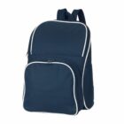 A navy blue backpack with white piping around the edges of its compartments. It has a main zipper compartment, a front pocket, and adjustable shoulder straps.