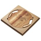 Wooden pizza serving board with the text Pizza Time Always Fresh engraved on it, placed diagonally on a cardboard box with cutout handles visible on both sides.