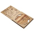 A round wooden cheese board with handles, featuring the engraved text Family Time is the Best Time, is displayed in an open cardboard box. The box lid is decorated with various cheese-related words and graphics.