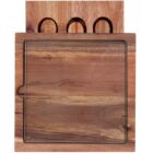A wooden serving board with a square glass panel and three round grooves in the top section. The wood has a natural grain pattern, giving it a rustic appearance.