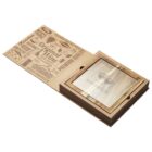 A wooden box with a sliding lid, featuring various cheese-related words and images. Inside the box is a square slate cheese board with the words wine club and sunglasses icon. The packaging highlights different cheese types and quality.