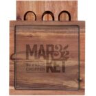 Wooden cutting board with three circular knife slots and the text “Market 32 by Price Chopper” engraved on the surface.