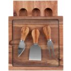 A wooden cheese board set featuring three cheese tools: a cheese knife, a flat cheese spreader, and a cheese fork, each with wooden handles. The board has slots for organizing the tools.