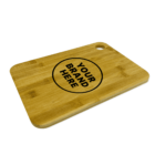 A wooden cutting board with rounded edges and a hole for hanging in the corner. It features a black circle with the text YOUR BRAND HERE inside, suggesting customization for branding purposes.