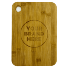 A rectangular wooden cutting board with rounded corners and a circular hole in the top left corner. The words Your Brand Here are engraved inside a circle at the center of the board. The wood grain is visible.