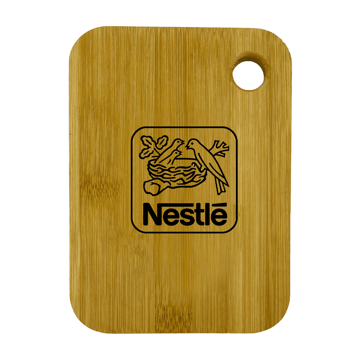 Wooden cutting board with rounded edges and a circular hole in one corner. The board features the Nestlé logo, depicting a bird perched on a nest with the word Nestlé beneath the image.