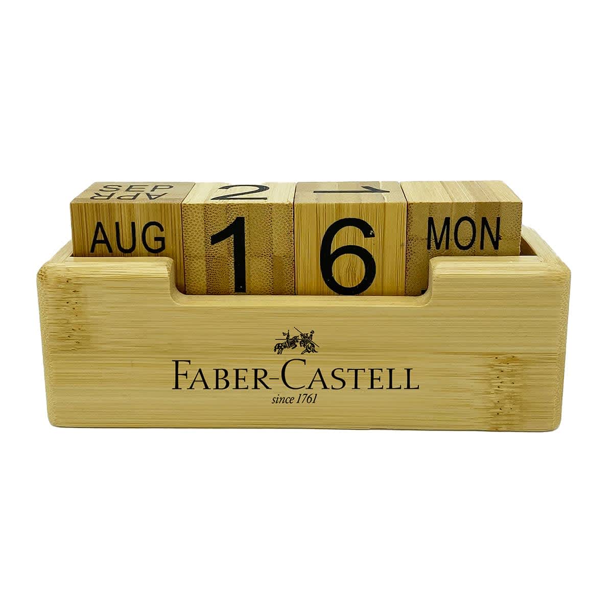 Wooden block calendar with Faber-Castell logo, displaying AUG, 16, MON.
