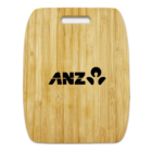 A wooden cutting board with a handle at the top. The cutting board has the word ANZO and a simple abstract logo printed in black in the center. The wood has a light, natural finish with visible grain patterns.
