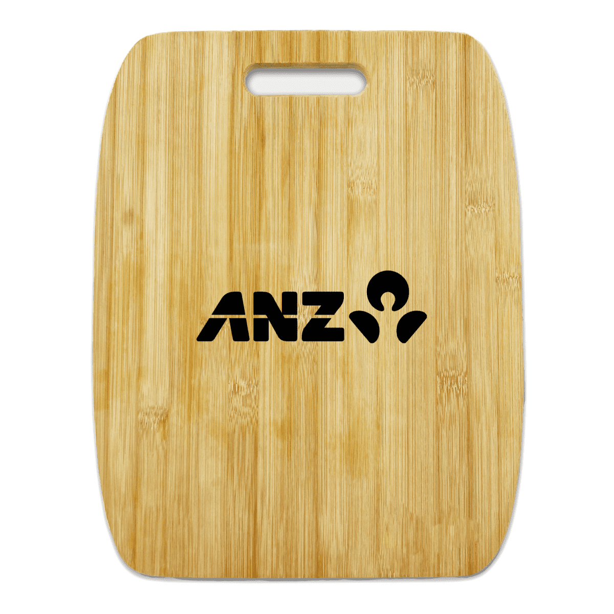 A wooden cutting board with a handle at the top. The cutting board has the word ANZO and a simple abstract logo printed in black in the center. The wood has a light, natural finish with visible grain patterns.