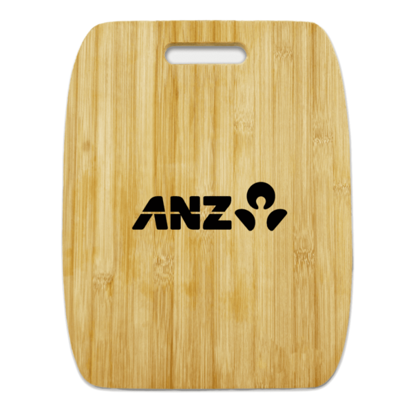 A rectangular bamboo cutting board with rounded corners and a handle cutout at the top. The board features the text ANZ in bold black letters along with a distinctive logo.