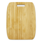 A rectangular wooden cutting board with rounded corners and a hand grip at the top. The board has a natural, light wood grain texture.