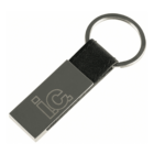 A metal and black leather keychain with a rectangular body and a circular ring. The metal part features an engraved design of the letters IC.