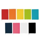 Eight closed notebooks in a row, each a different color: red, orange, yellow, green, teal, dark blue, pink, white, and black. They are lined up on a plain white background.