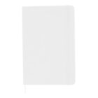 A closed, plain white notebook with rounded corners and an elastic band on the right side. The notebook has a simple, minimalist design and a small ribbon bookmark at the bottom.