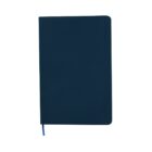 A closed, dark blue hardcover notebook with rounded edges and a blue ribbon bookmark, isolated on a white background.