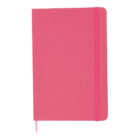 A pink notebook with a matching elastic band and bookmark ribbon. The cover is plain and smooth, with a rounded corner design. The elastic band runs vertically along the right edge, securing the notebook closed.