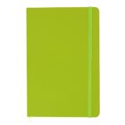 A bright green notebook with a matching elastic band closure and a ribbon bookmark. The notebook is closed and has rounded corners.