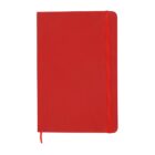 A red hardcover notebook with an elastic band closure and a ribbon bookmark, shown against a white background.