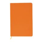 An orange notebook with a plain cover and rounded corners, lying flat. It has a yellow ribbon bookmark extending from the bottom.