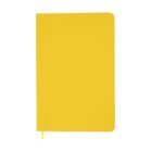 A plain yellow notebook with rounded corners and a small matching bookmark ribbon peeking out from the bottom. The cover has no text or design, and the notebook is closed.