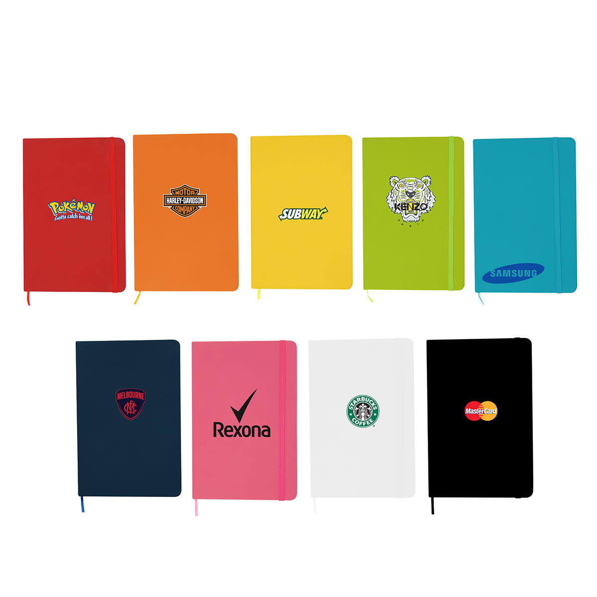 Nine colorful notebooks arranged in two rows, each featuring different logos such as Pokémon, Subway, Samsung, Rexona, and more. The notebooks are red, orange, yellow, green, blue, pink, white, and black.