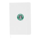 A white notebook with a Starbucks Coffee logo centered on the cover. The notebook has a smooth finish and features an elastic band closure, along with a ribbon bookmark.