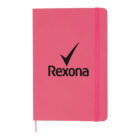 A pink notebook with an elastic band and a ribbon bookmark. The cover features the word Rexona and a checkmark logo in black.