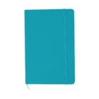 A teal notebook with a matching elastic band and a ribbon bookmark is pictured against a white background. The notebook has rounded corners and a plain cover.