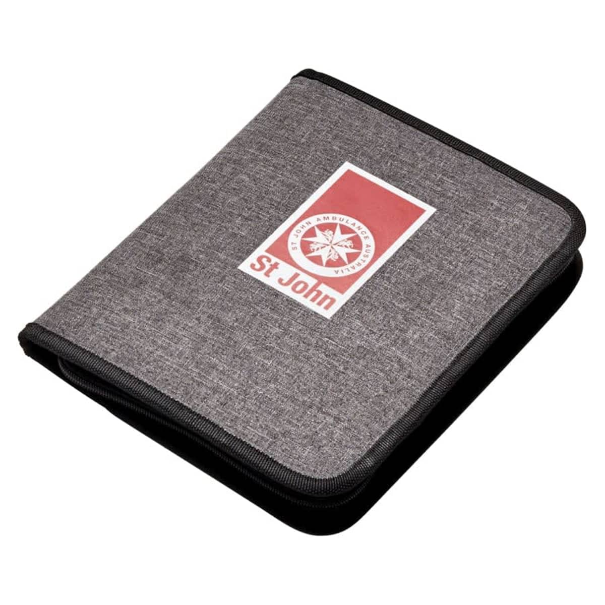 A gray fabric zip-up folder with black edges, featuring a red and white St. John Ambulance logo on the front.