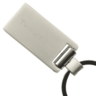 A metallic keychain with a rectangular, swiveling flash drive attached to a circular key ring. Subtle engraved text reads Twitter on the surface of the flash drive.
