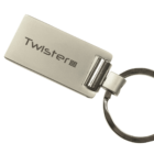 A silver rectangular keychain with the word Twister and a black logo is attached to a round metal keyring. The keychain features a brushed metal finish and a hinged connector.