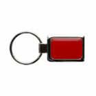 Silver metal keychain with a rectangular, red enamel tag.