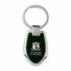 A silver keychain with a black, shield-shaped center featuring the University of Melbournes emblem and name in white.