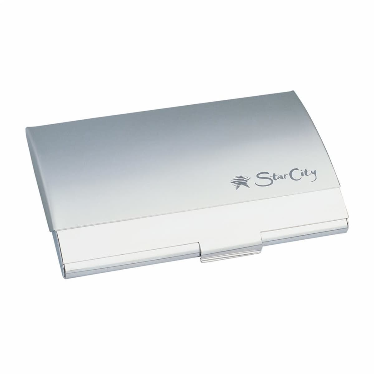 A sleek, silver business card holder with a brushed finish, featuring the StarCity logo in the top right corner. The design is minimalist with a smooth, curved lid and a latch for easy opening.