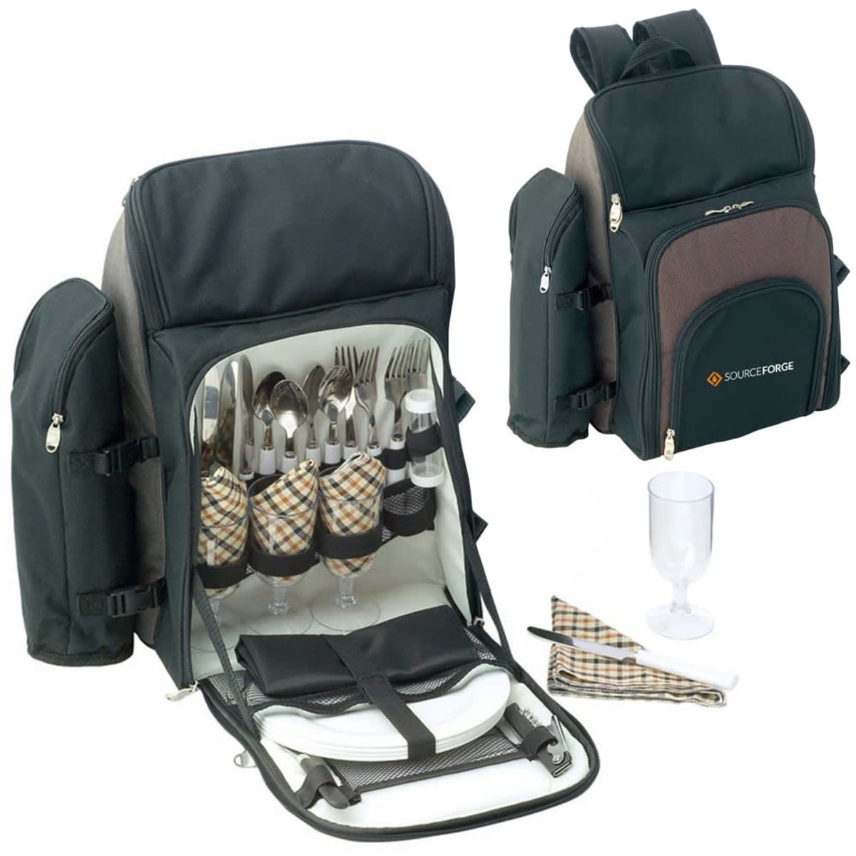 A black picnic backpack with one section open, showing stored cutlery, plates, glasses, and napkins. The front pocket is branded with SourceForge. Another backpack is shown closed, highlighting its design.