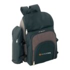 Black and brown backpack with multiple compartments, featuring a small side pocket and Sourceforge logo on the front in orange and white. It has padded shoulder straps and silver zippers.
