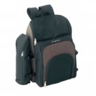 A black and brown backpack with multiple zippered compartments. It has padded shoulder straps and two side pockets, suitable for carrying various items. The bag is standing upright against a plain background.