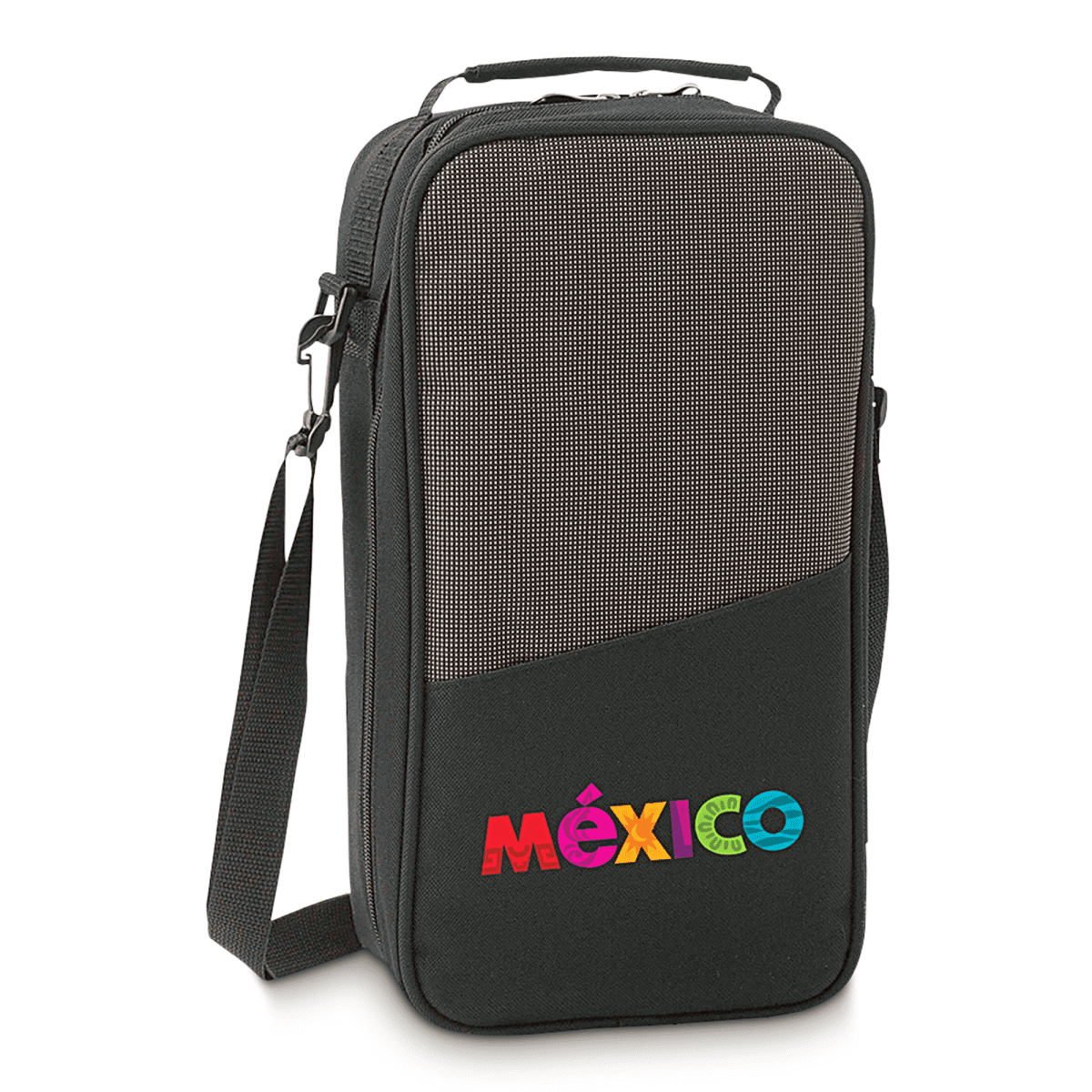 A black portable bag with a shoulder strap and handle. The front features a mesh panel and the word México in colorful letters at the bottom. The bag has a rectangular shape and appears to be designed for carrying.