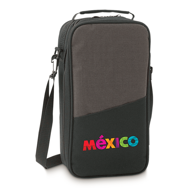A black, rectangular travel bag with a handle and shoulder strap. It features a mesh section on the front and the word México in colorful letters at the bottom.