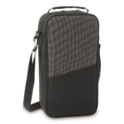 Black and gray rectangular bag with a zippered top and a shoulder strap. The front panel features a mesh-like pattern. The bag has a small handle on top for easy carrying.