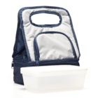 A blue and gray insulated lunch bag stands upright with a handle on top. In front of it, theres a white rectangular food container with a lid. The lunch bag has a zipper pocket on the front.