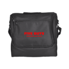 Black insulated food delivery bag with a zipper pocket on front. The text FIVE GUYS in bold red letters is above the smaller red text BURGERS AND FRIES, both printed on the pocket. The bag has a shoulder strap.
