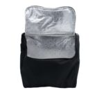 An open black backpack with a reflective silver lining on the inside flap. The interior appears spacious, designed to possibly maintain temperature or freshness, suitable for carrying perishable goods.