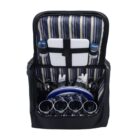 Open picnic backpack with a blue and white striped interior, containing plates, cups, utensils, cutting board, and two blue water bottles neatly organized inside.