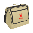 Beige Honda-branded travel bag with a red Honda logo and text on the front pocket. It has a zippered pocket, black trimming, a top handle, and an adjustable shoulder strap.
