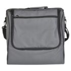 A gray, rectangular fabric bag with a black zipper and handle. The front features a large zippered pocket and an adjustable shoulder strap is attached at the sides. The bag has a simple and functional design.