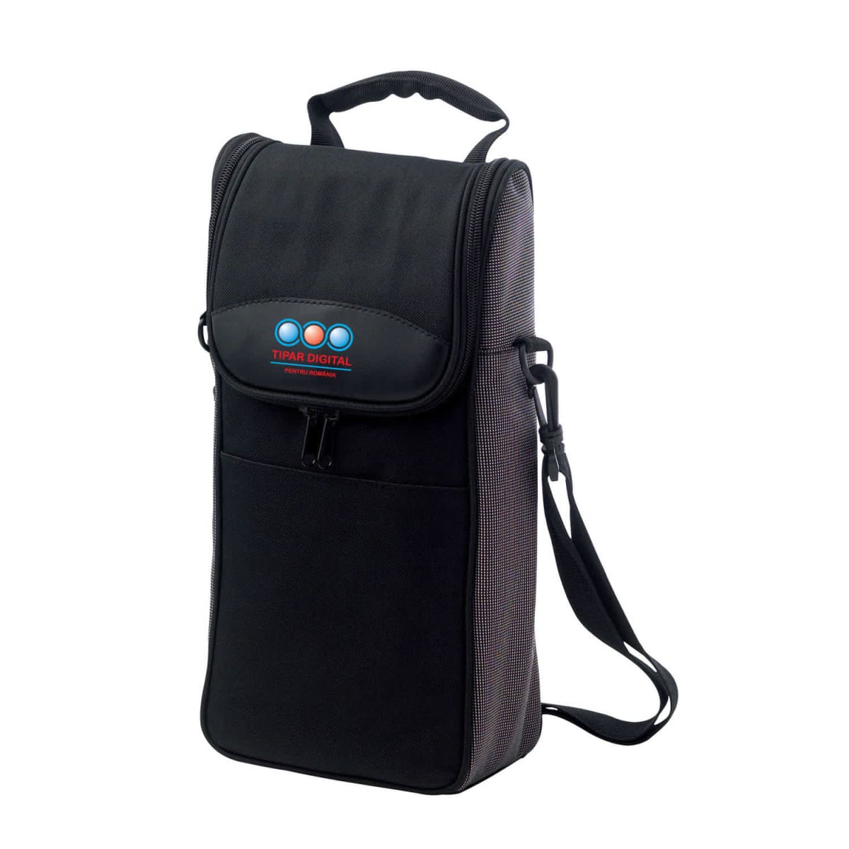 A black and gray handheld carrying bag with a strap, featuring the Tibar Digital logo on the front flap. The bag is designed vertically, with a sturdy handle on top and a front pocket below the logo.
