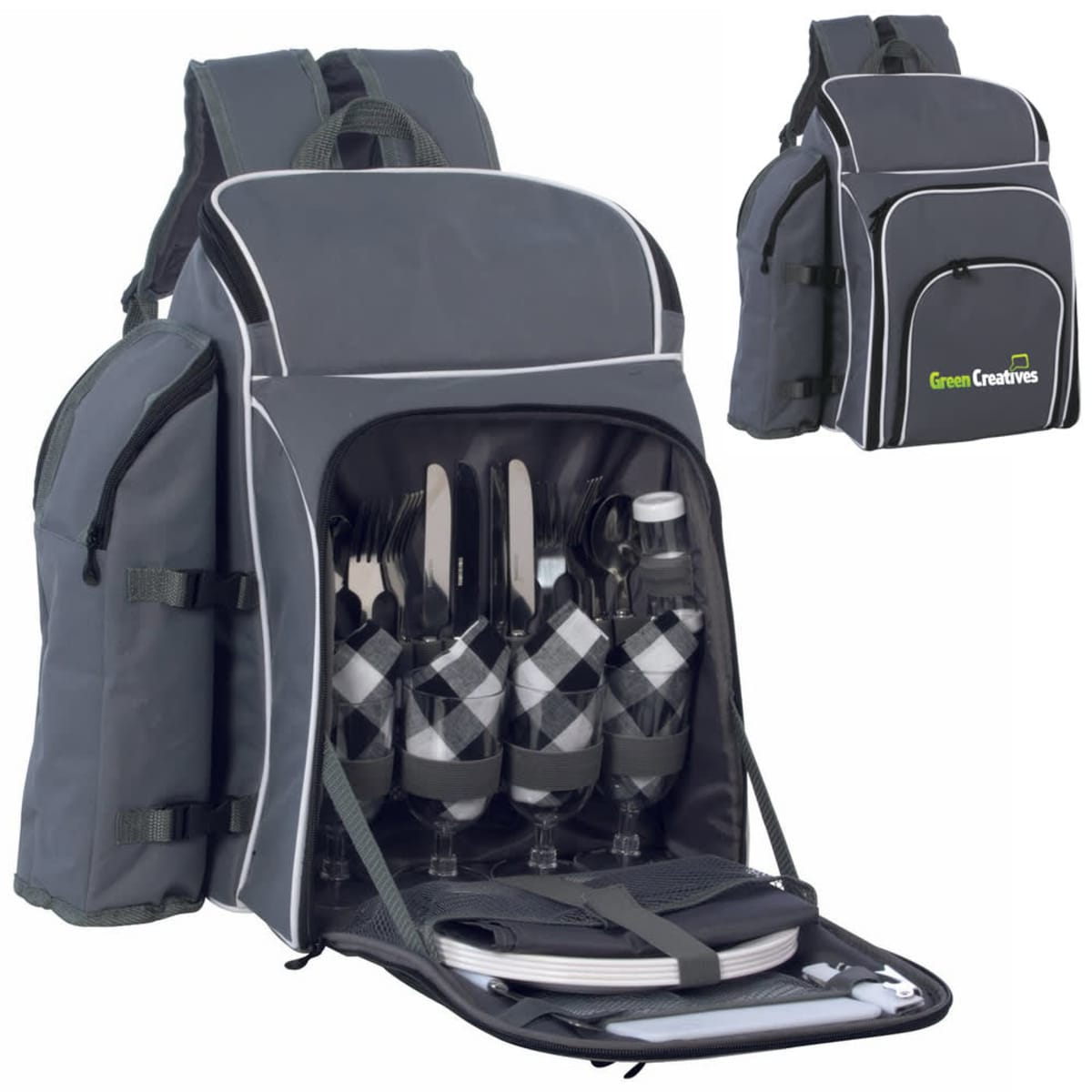 A gray picnic backpack with a front pocket open, revealing neatly arranged cutlery, plates, and four checkered glasses. Theres a bottle holder on each side and a logo that reads Green Creatives. A smaller image shows the backpack fully closed.