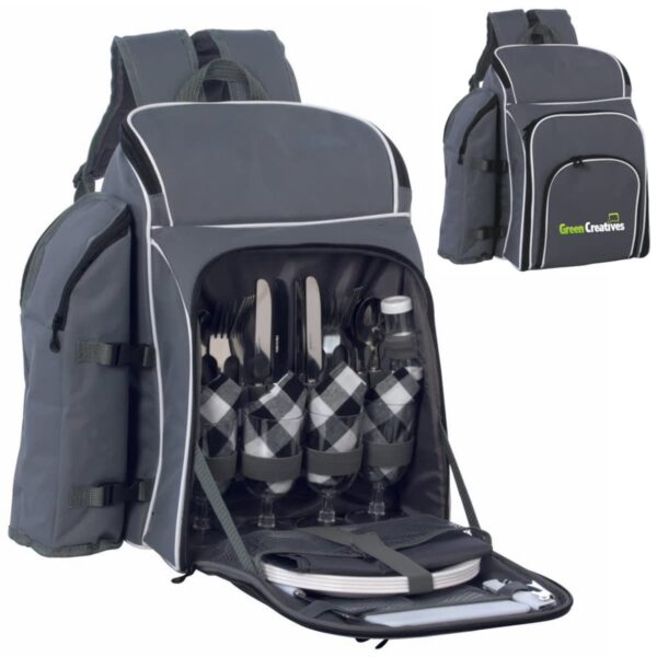 A gray picnic backpack open to reveal four sets of cutlery, goblets, and plates with a checkered pattern. The backpack features multiple compartments and padded straps. A smaller image shows the backpack closed with a Green Creatives logo.